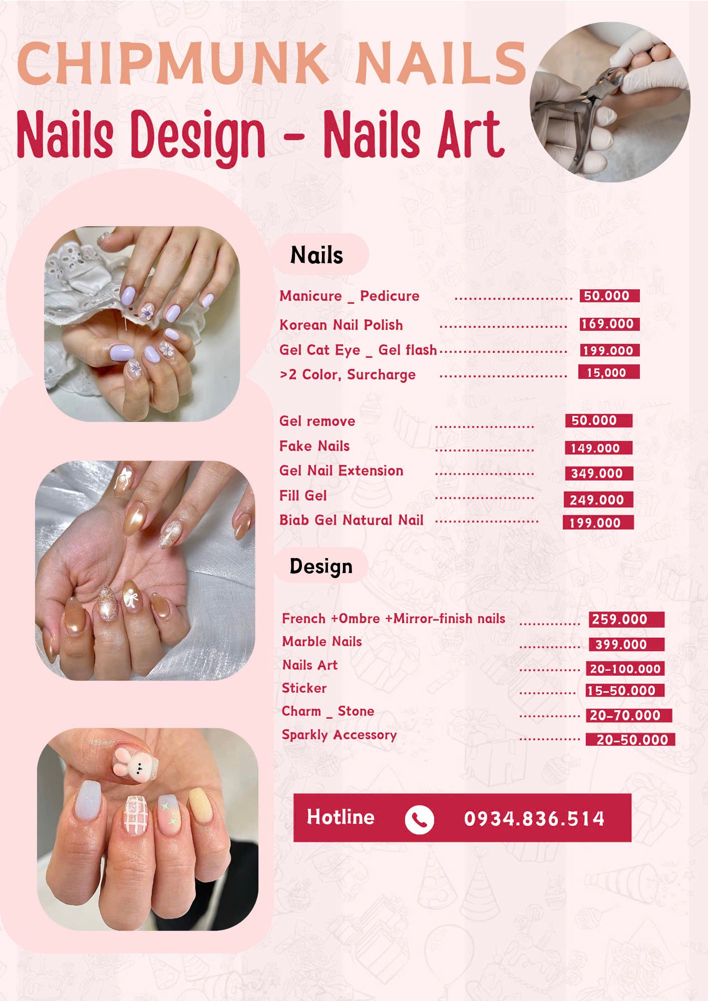 Menu bảng giá dịch vụ sơn gel làm móng vẽ nghệ thuật tại tiệm nail Nha Trang - Chipmunk Nails